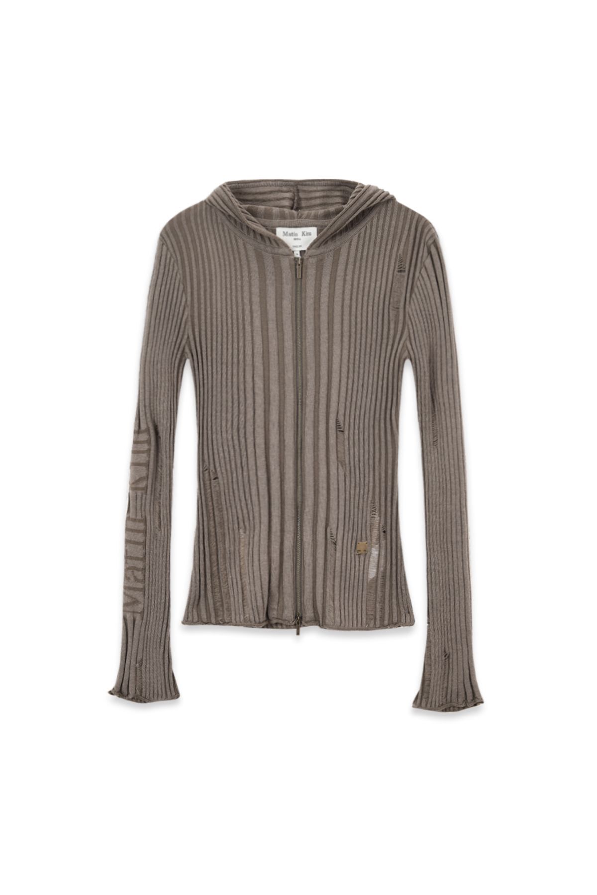 刷破細節修身連帽針織衫 卡其棕