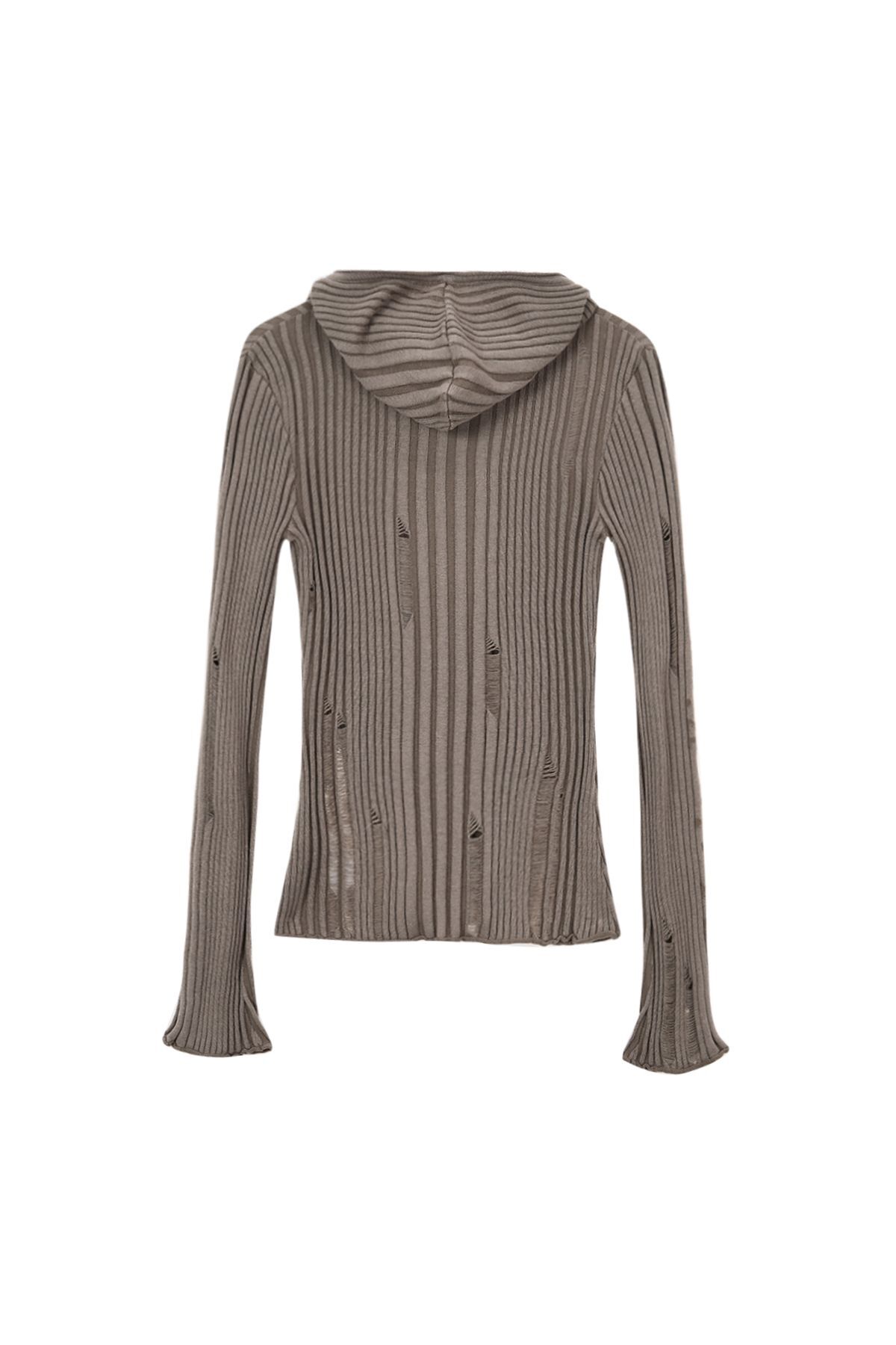 刷破細節修身連帽針織衫 卡其棕