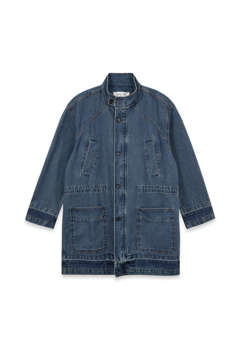 口袋設計中長版丹寧外套 藍色