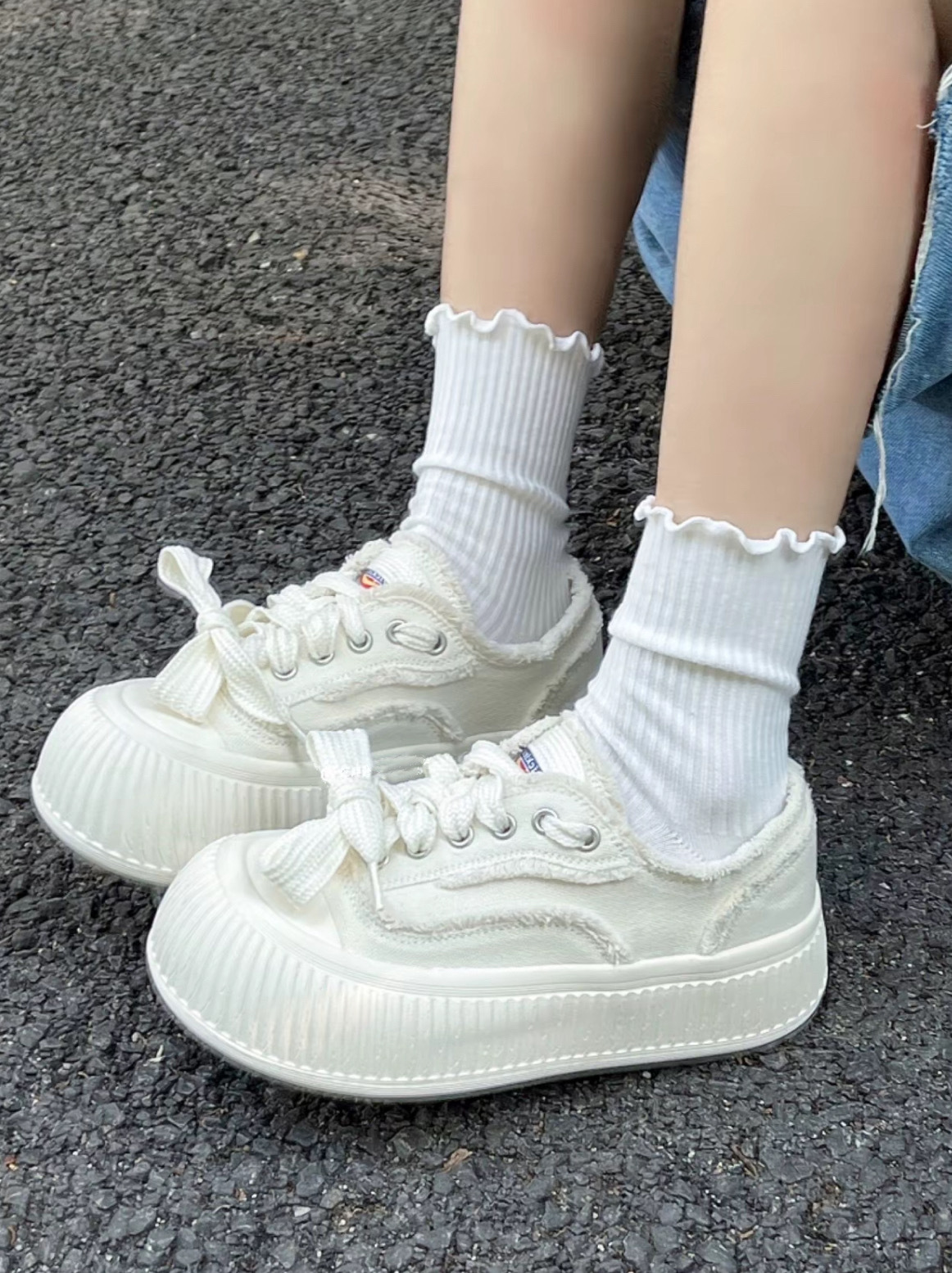 DICKIES 奶白 小香風 厚底 增高 帆布鞋