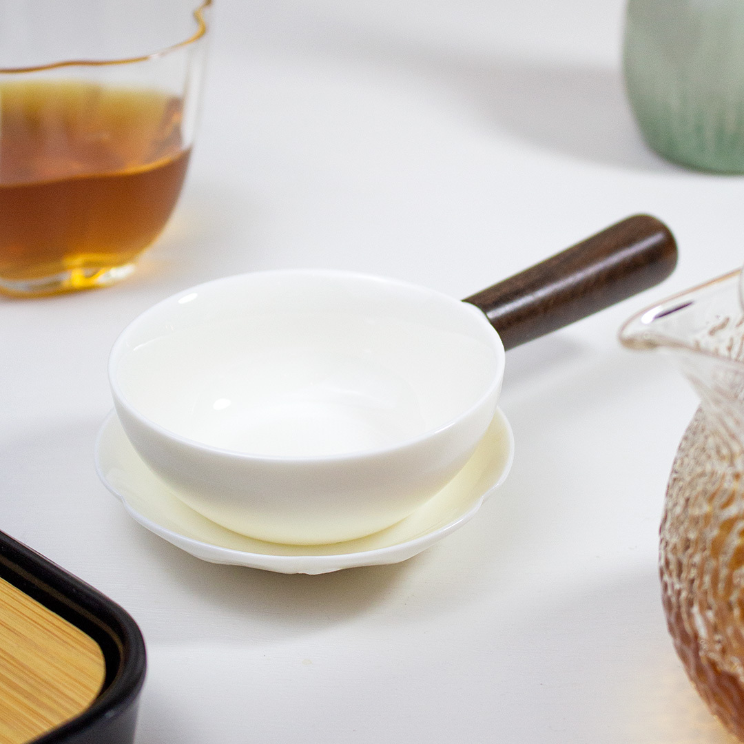 雅緻白瓷木把茶漏｜含底盤