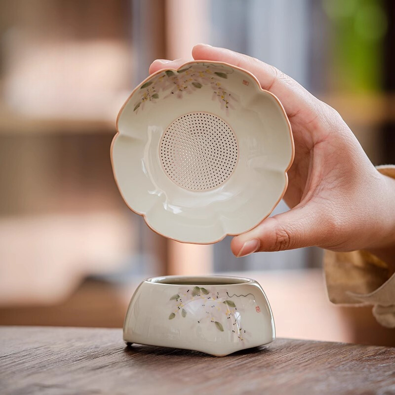 手繪紫藤花茶漏｜含底座