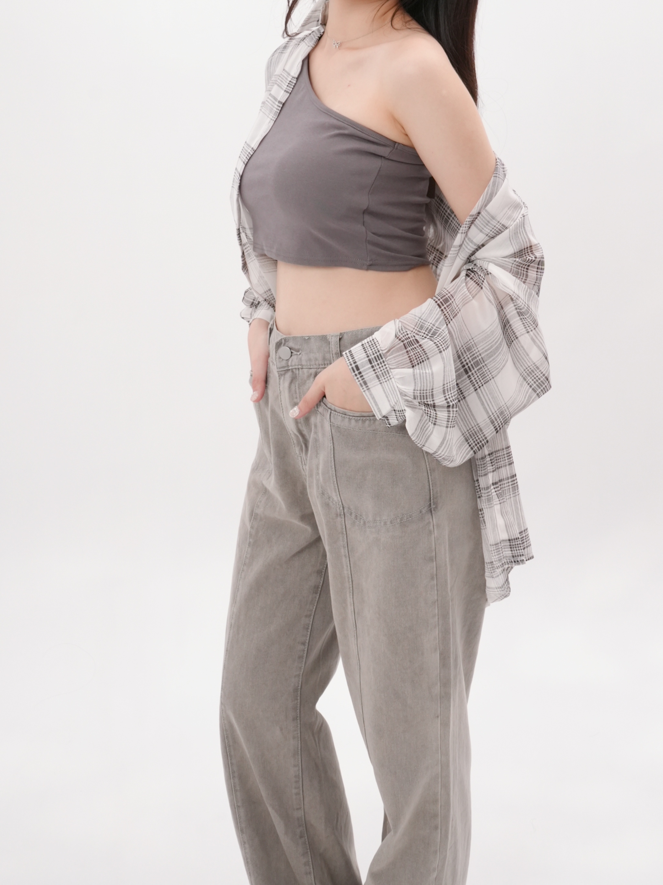 法朵Fado shop｜格紋雪紡長版透膚襯衫 332B003 白/白黑