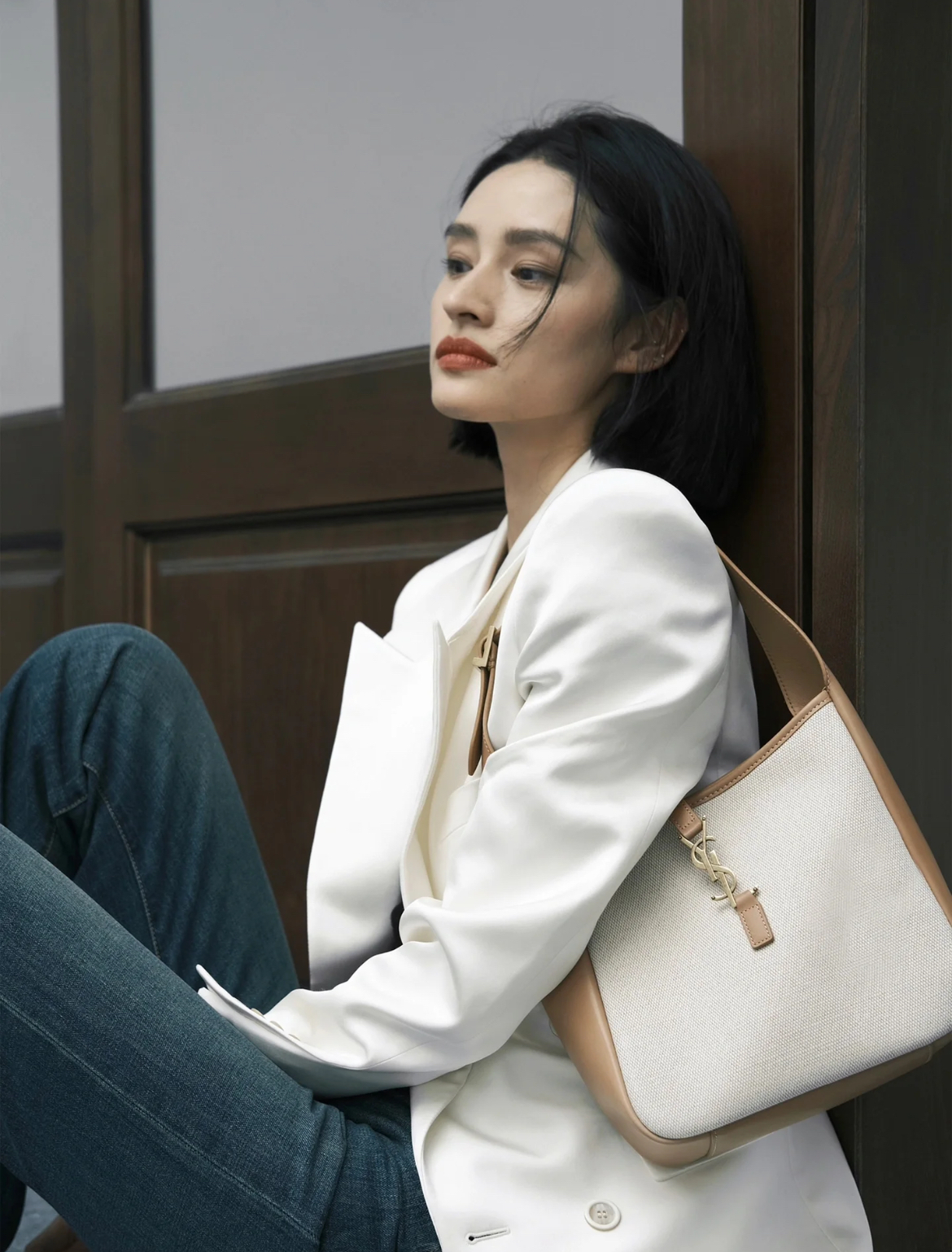 Saint Laurent LE5A7 Canvas With Smooth Leather HOBO Shoulder Bag Beige 727709