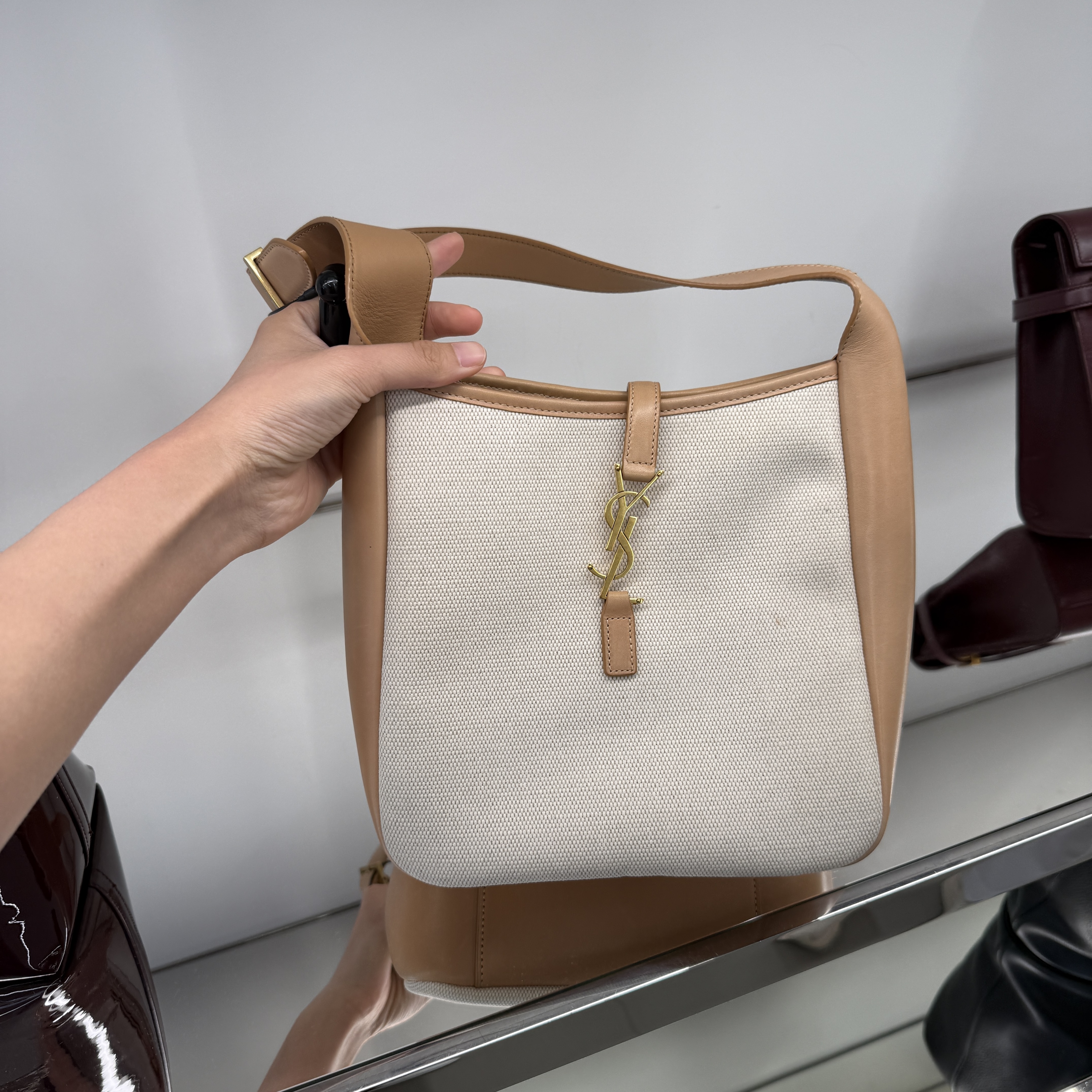 Saint Laurent LE5A7 Canvas With Smooth Leather HOBO Shoulder Bag Beige 727709