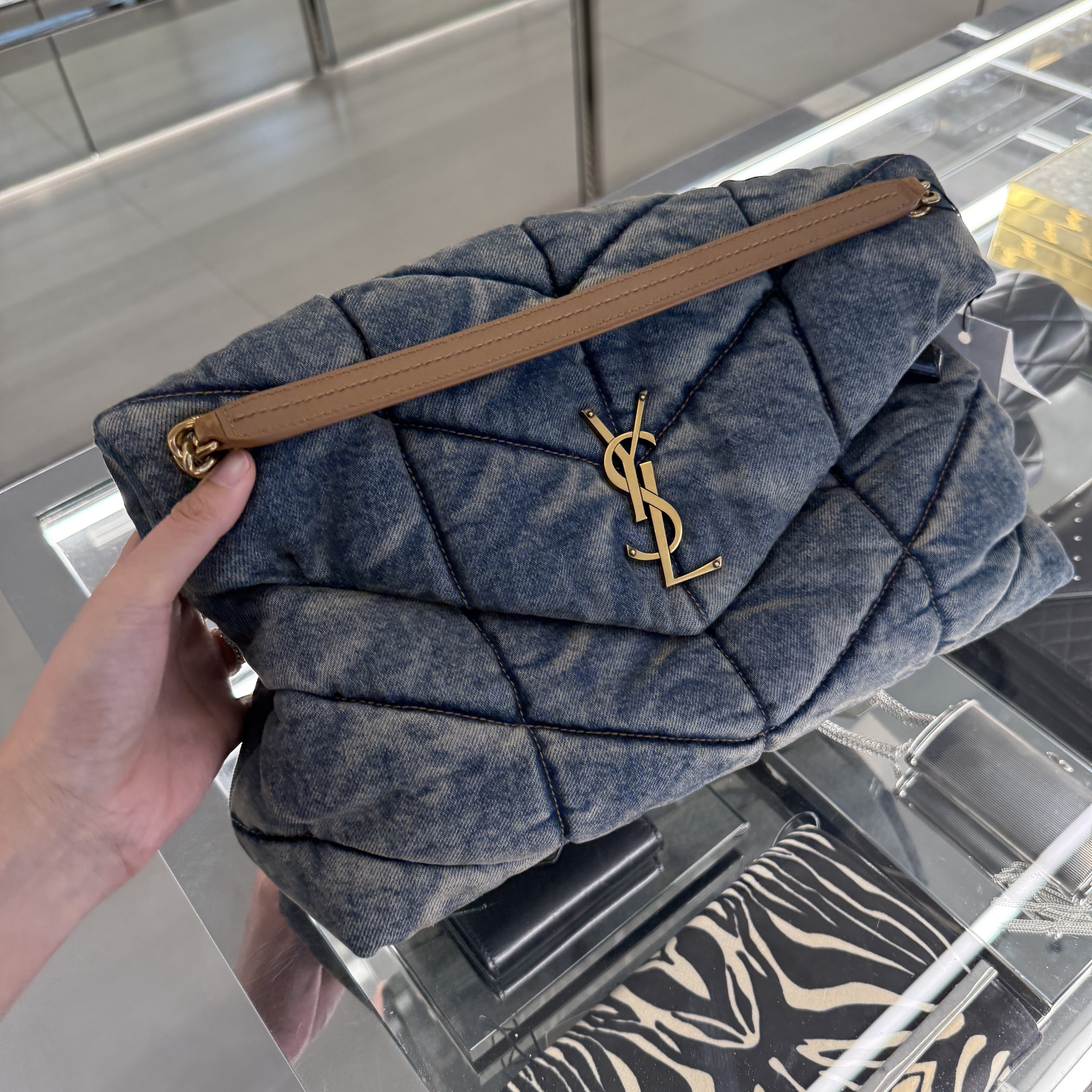 Saint Laurent Medium Puffer Denim Chain Bag Blue & Cinnamon 577475