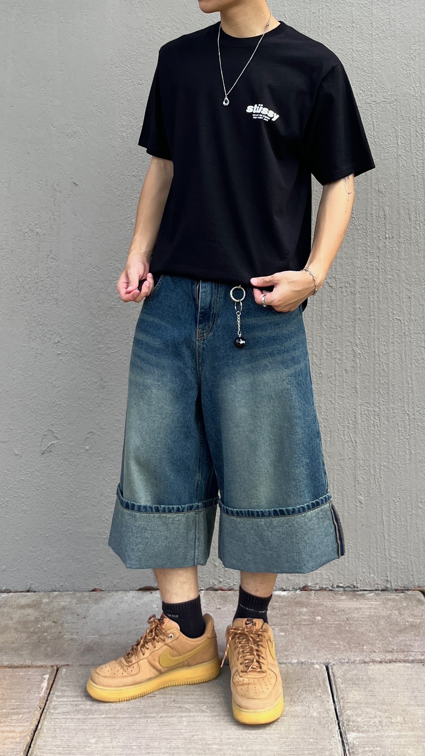 正韓 刷舊大反摺九分褲