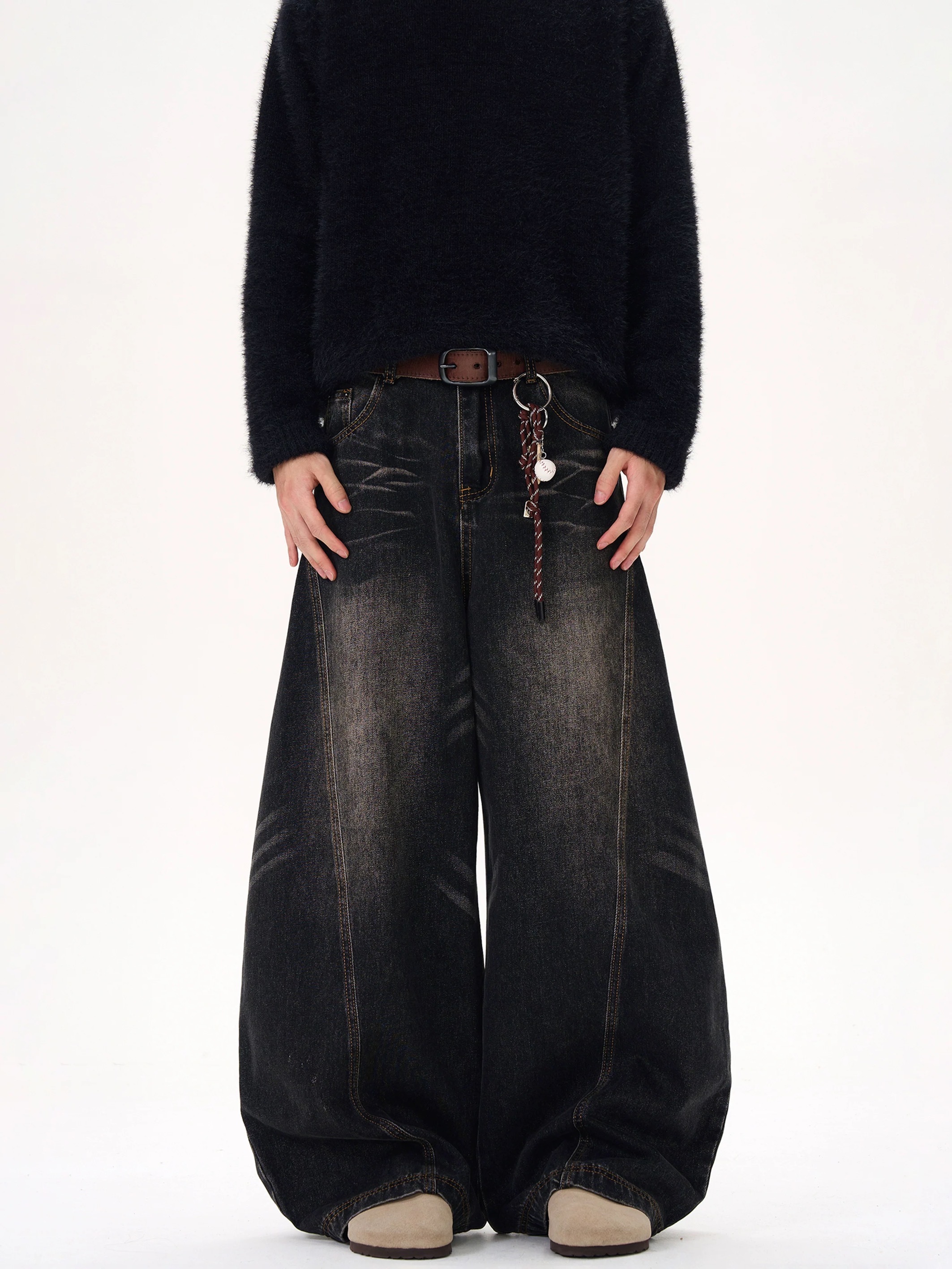 - SIMPLEACTION - 美式復古水洗貓鬚黑色彎刀褲