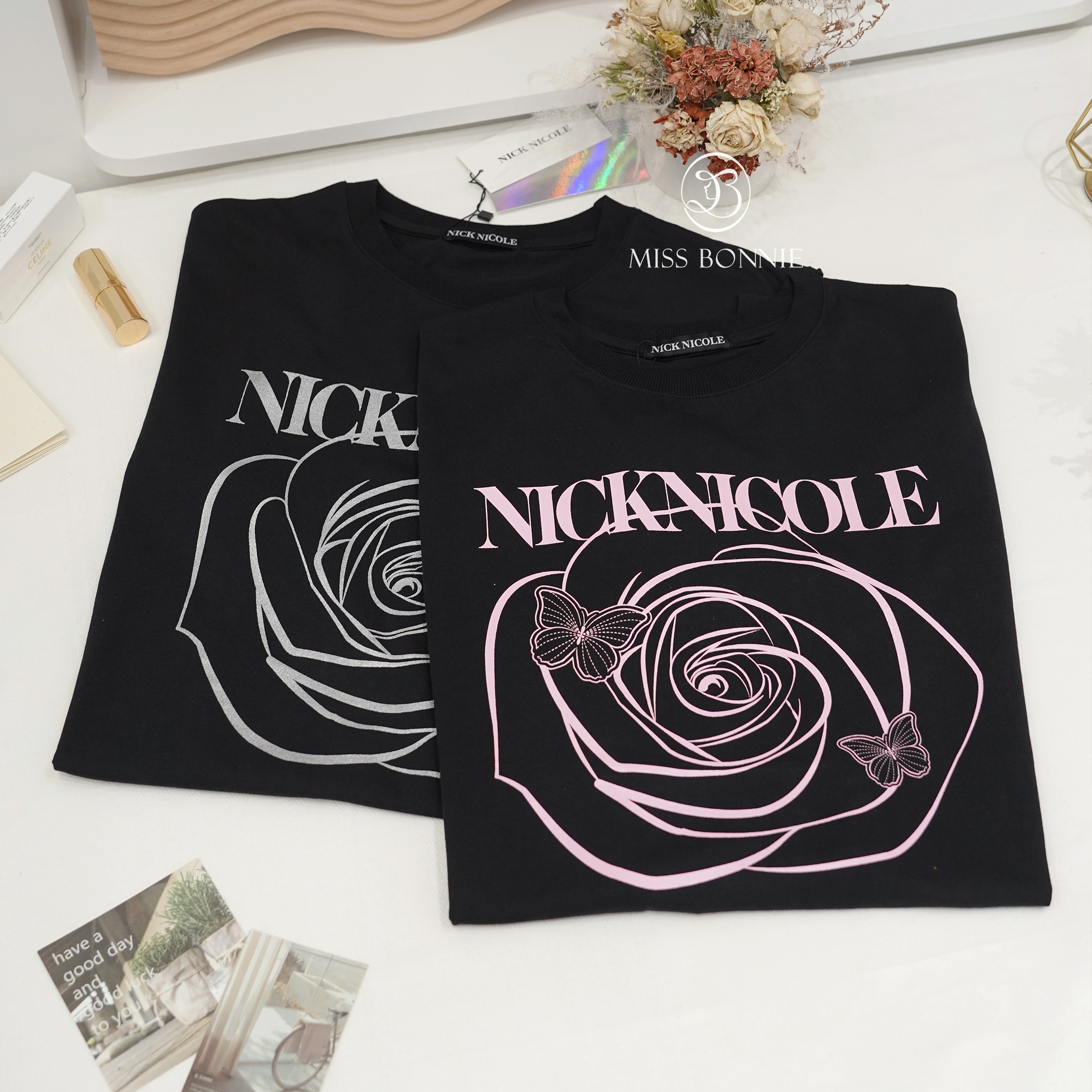 Nick Nicole滿版玫瑰蝴蝶短袖T