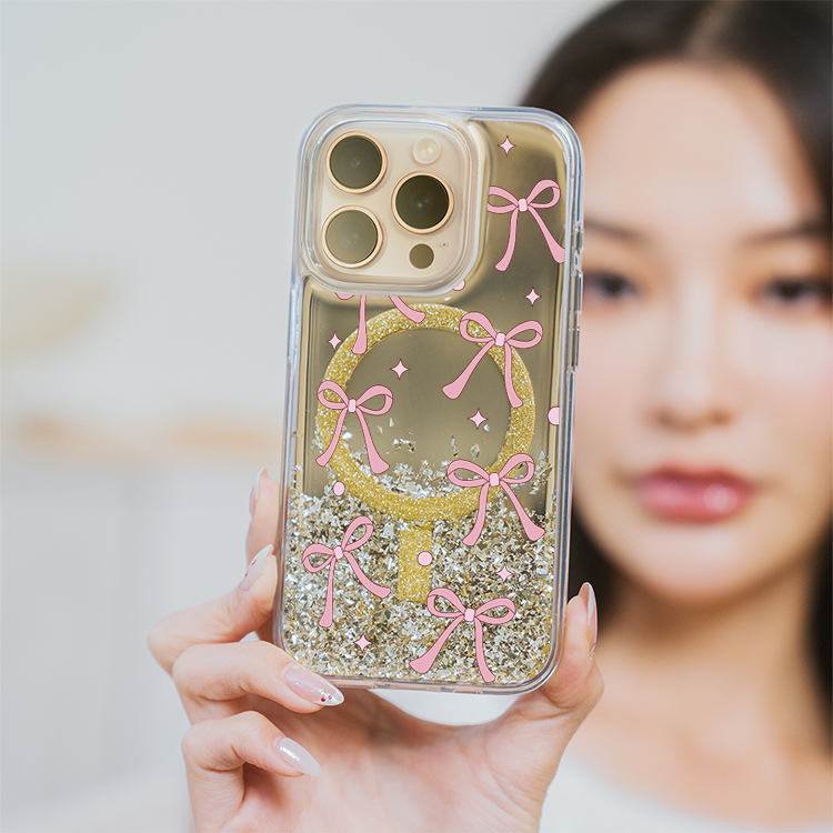 可愛韓風蝴蝶結緞帶 (MagSafe磁吸) 閃耀金鏡面殼 - (訂製名字) iPhone客製化手機殼