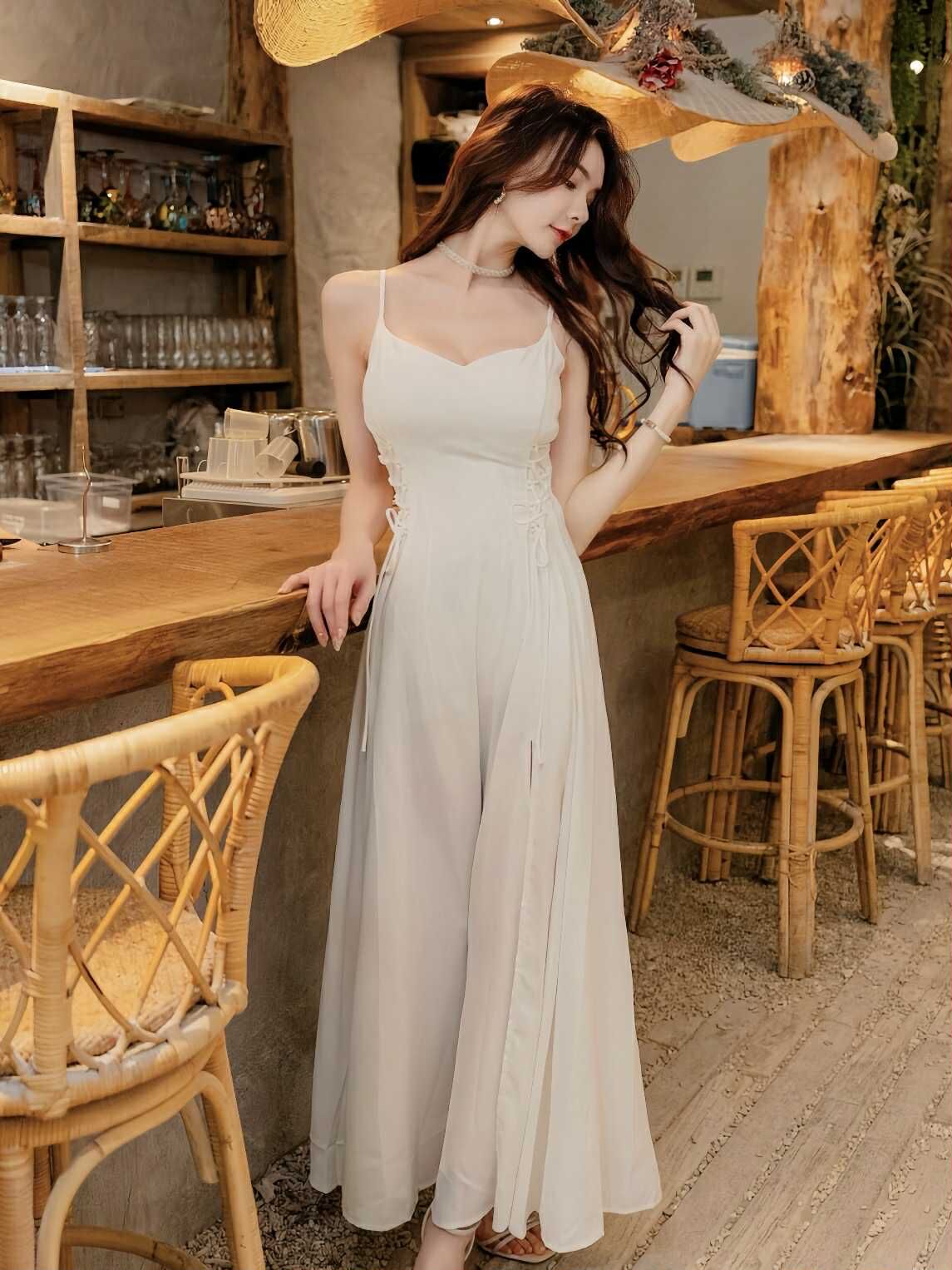 🤍側交叉綁帶修身長洋裝（白色均碼）