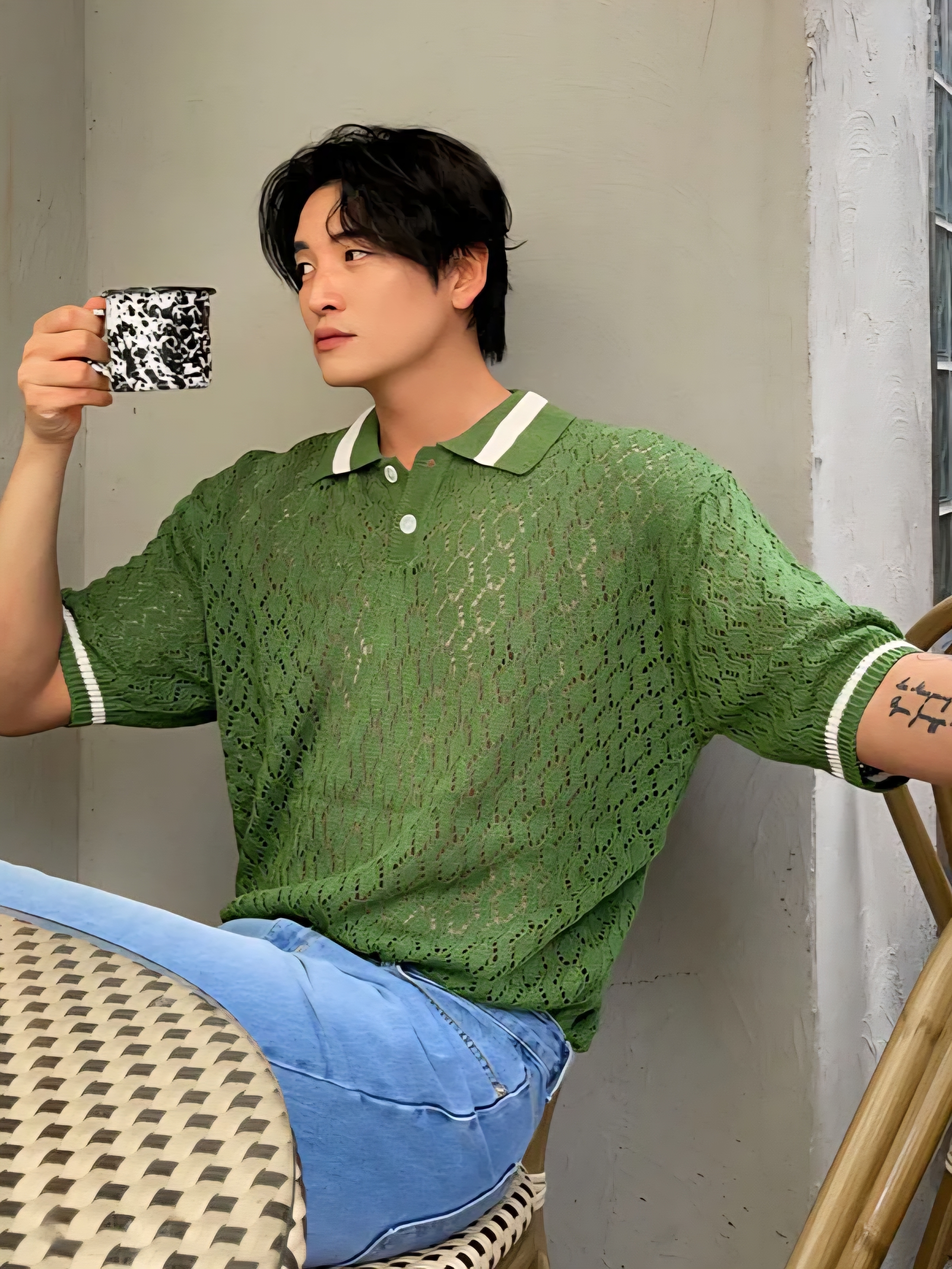 (韓國獨家特價)配色領邊鏤空針織Polo衫