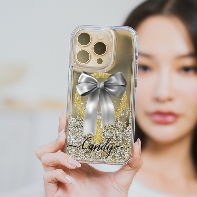 蝴蝶結緞帶(灰) (MagSafe磁吸) 閃耀金鏡面殼 - (訂製名字) iPhone客製化手機殼