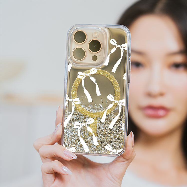 蝴蝶結緞帶(灰) (MagSafe磁吸) 閃耀金鏡面殼 - (訂製名字) iPhone客製化手機殼