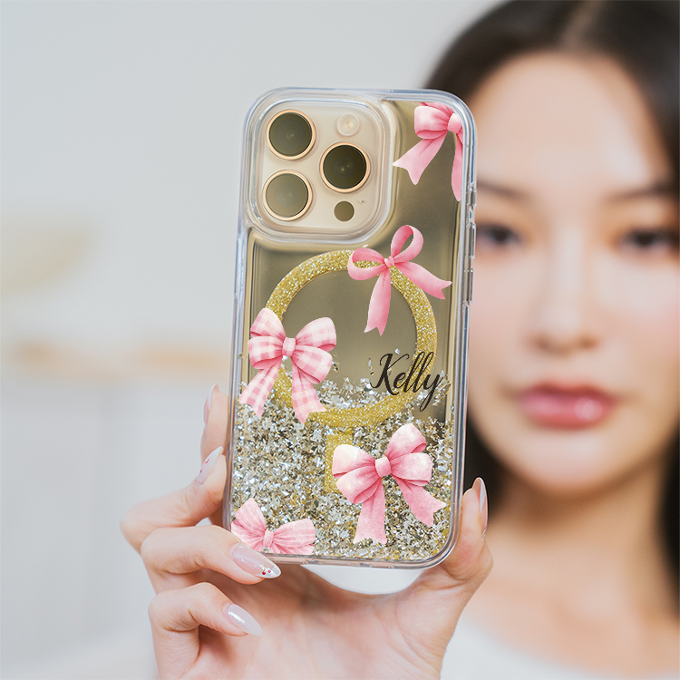甜美韓風蝴蝶結 (MagSafe磁吸) 閃耀金鏡面殼 - (訂製名字) iPhone客製化手機殼