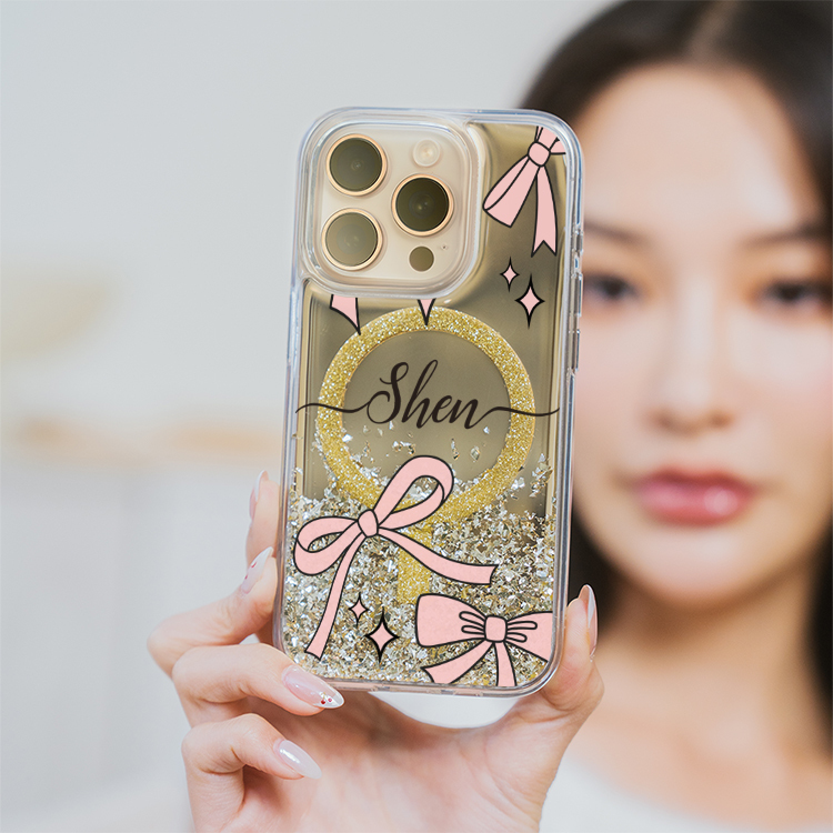 粉色優雅蝴蝶結 (MagSafe磁吸) 閃耀金鏡面殼 - (訂製名字) iPhone客製化手機殼