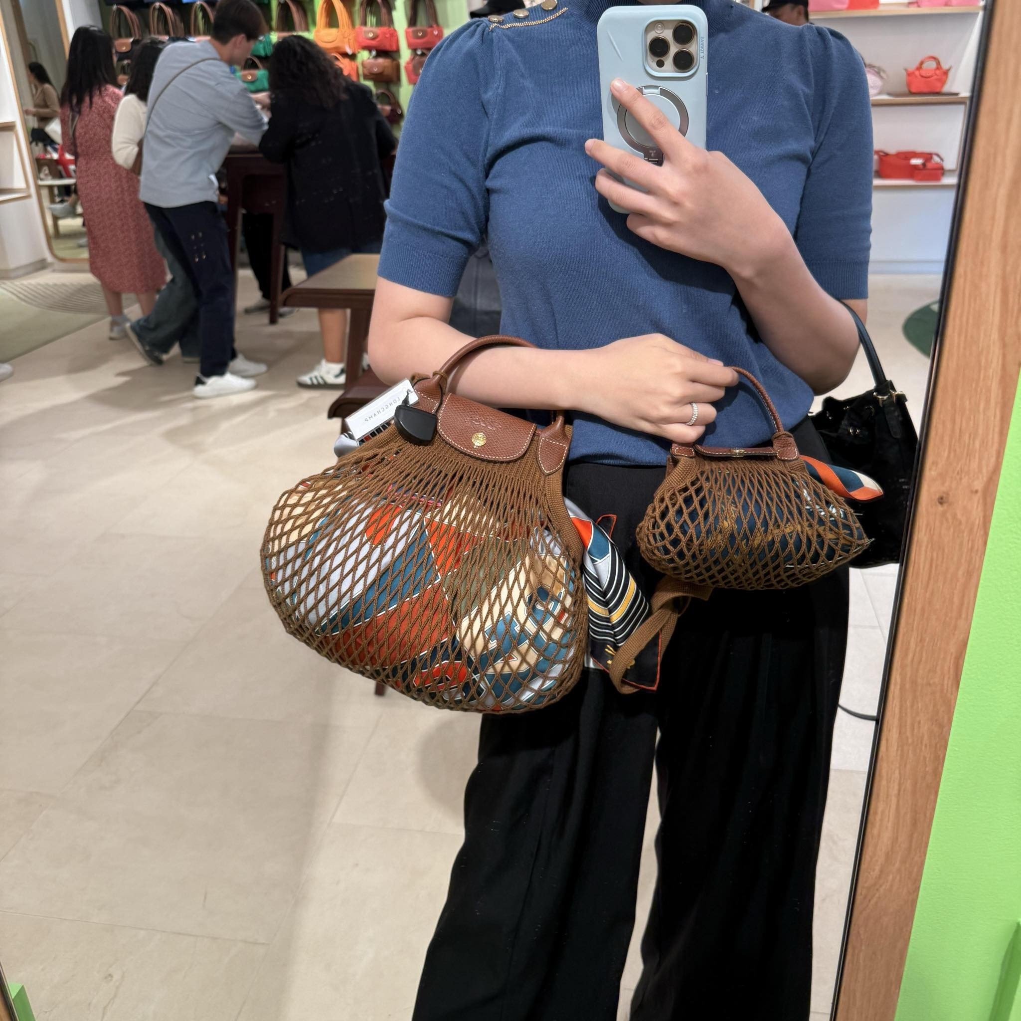 Longchamp Le Pliage Filet knitted mesh crossbody bag brown