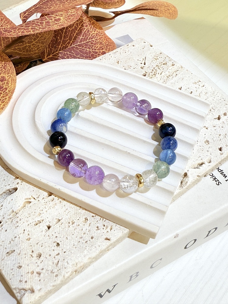 C072-九彩星河｜白水晶x綠草莓x水藍寶x藍晶石x藍虎眼x紫極光x紫阿賽x粉水晶x薰衣紫水晶手鍊7-8mm【預購】