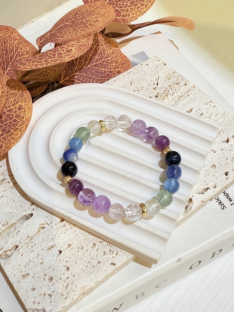 C072-九彩星河｜白水晶x綠草莓x水藍寶x藍晶石x藍虎眼x紫極光x紫阿賽x粉水晶x薰衣紫水晶手鍊7-8mm【預購】