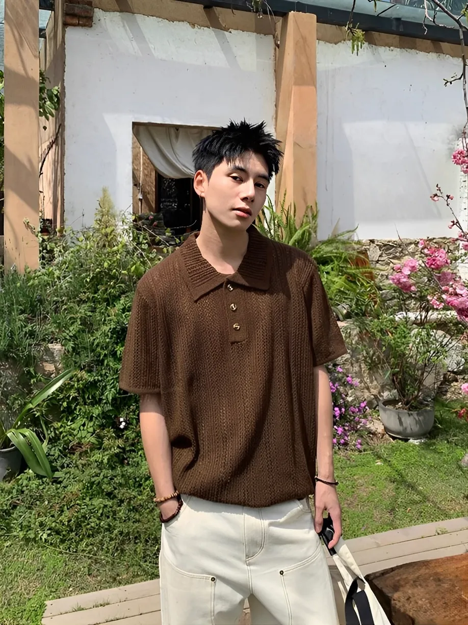 三色 復古 POLO 鏤空 針織 短袖