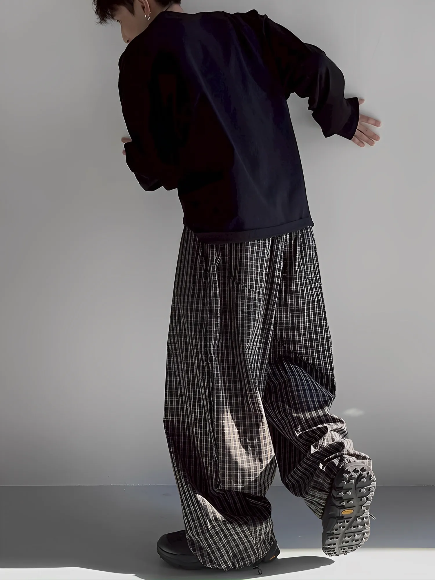 復古 格紋 休閒 直筒 寬褲