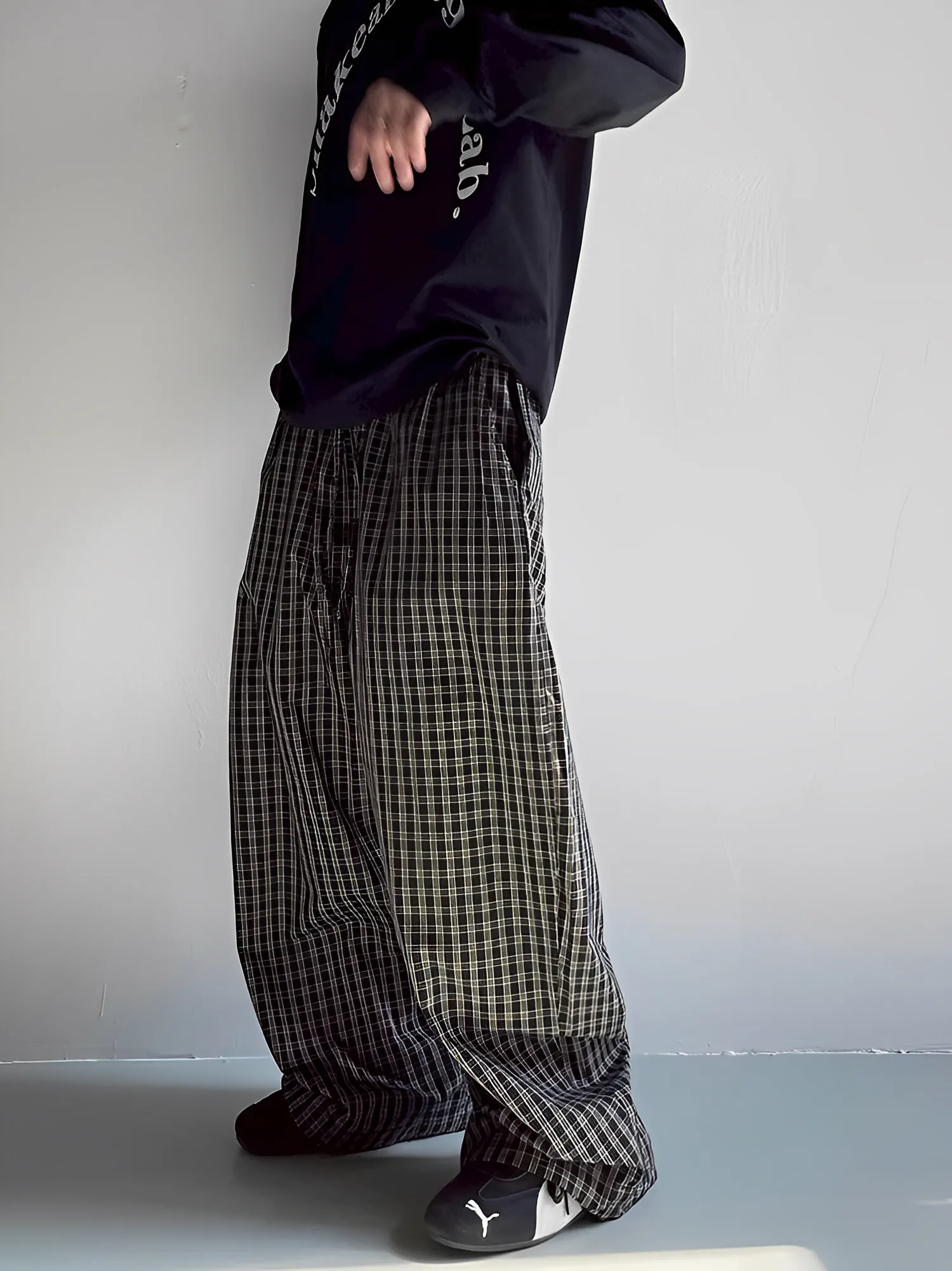 復古 格紋 休閒 直筒 寬褲