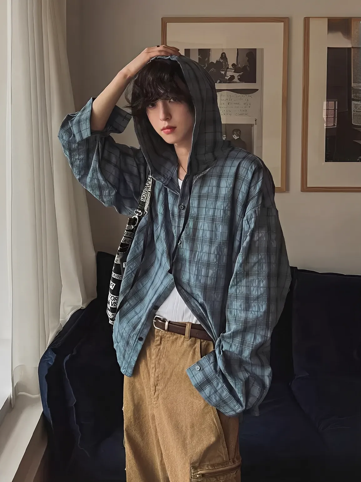 4色 冰絲 防曬 格紋 連帽 襯衫