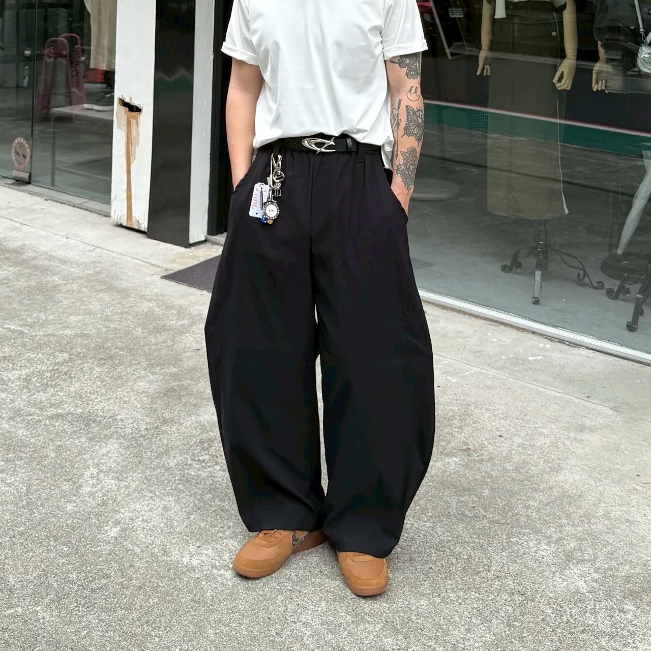 素面 彈力 休閒 彎刀 長褲