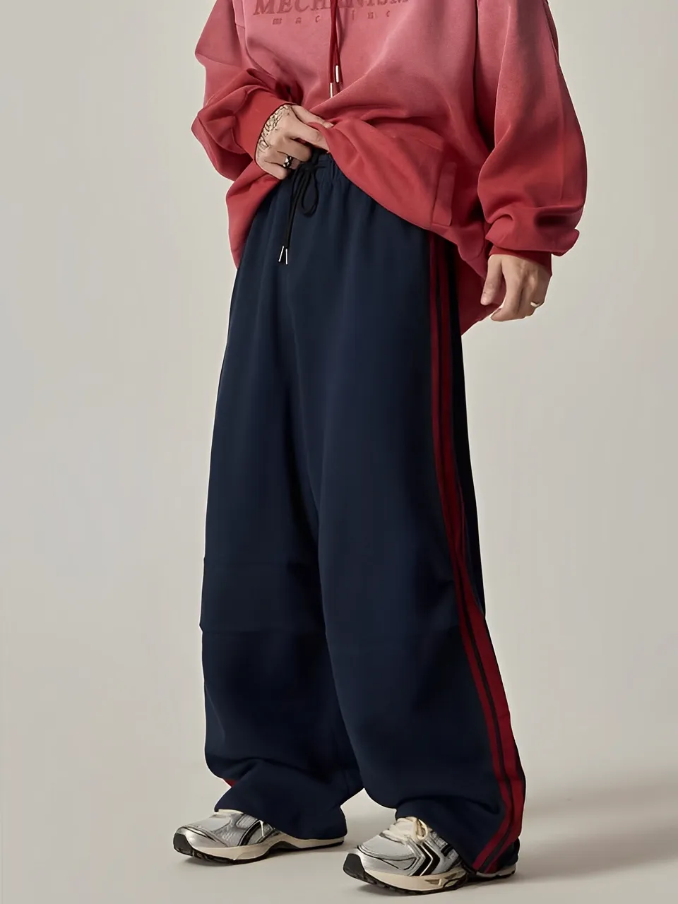 復古 線條 闊腿 休閒 運動 長褲