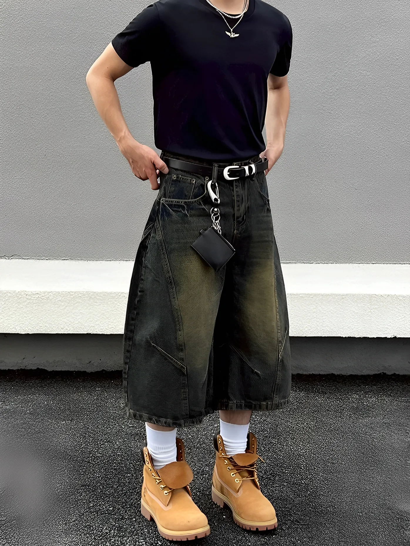 美式 復古 水洗 彎刀 七分 牛仔 短褲