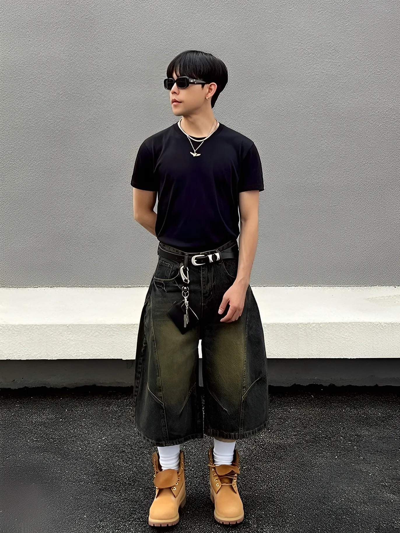 美式 復古 水洗 彎刀 七分 牛仔 短褲