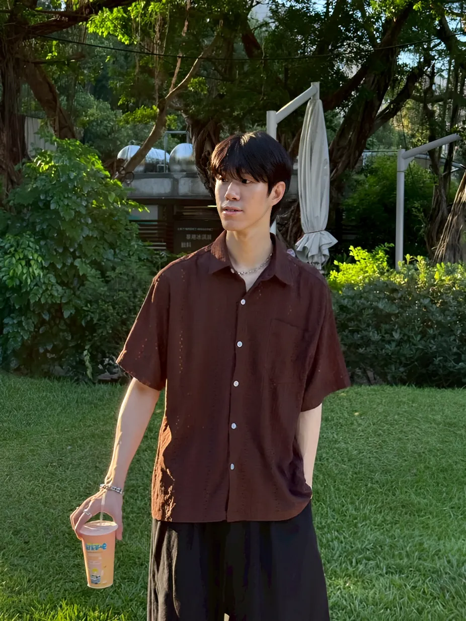 日系 2色 復古 鏤空 提花 短袖 襯衫