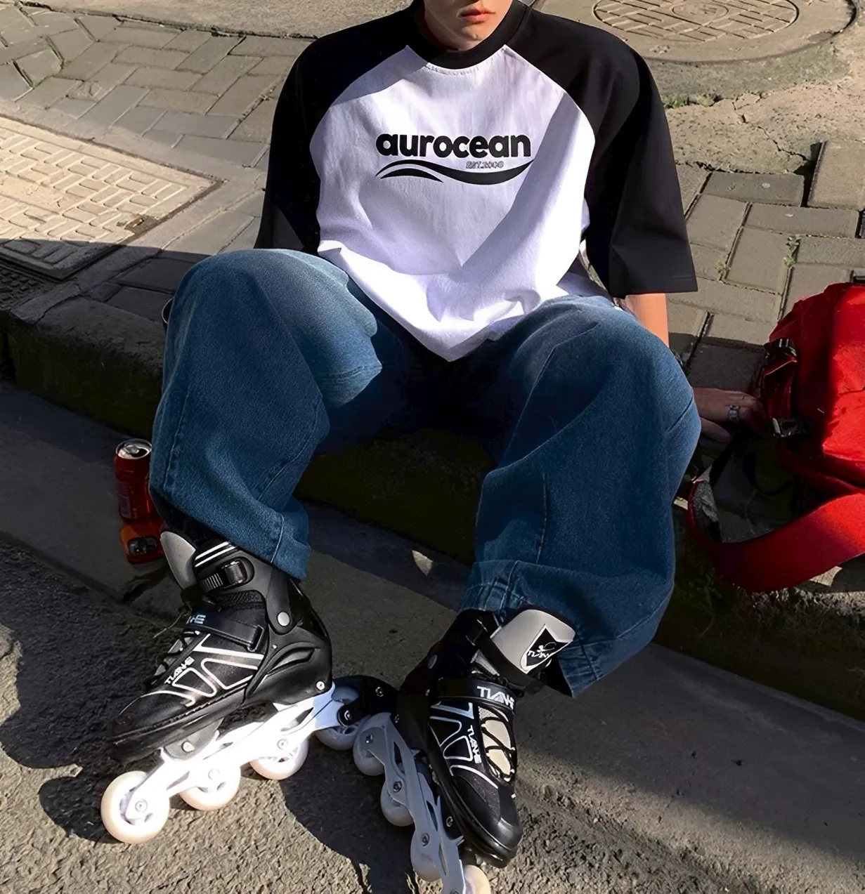 美式 2色 復古 拼接 寬鬆 男女 短袖