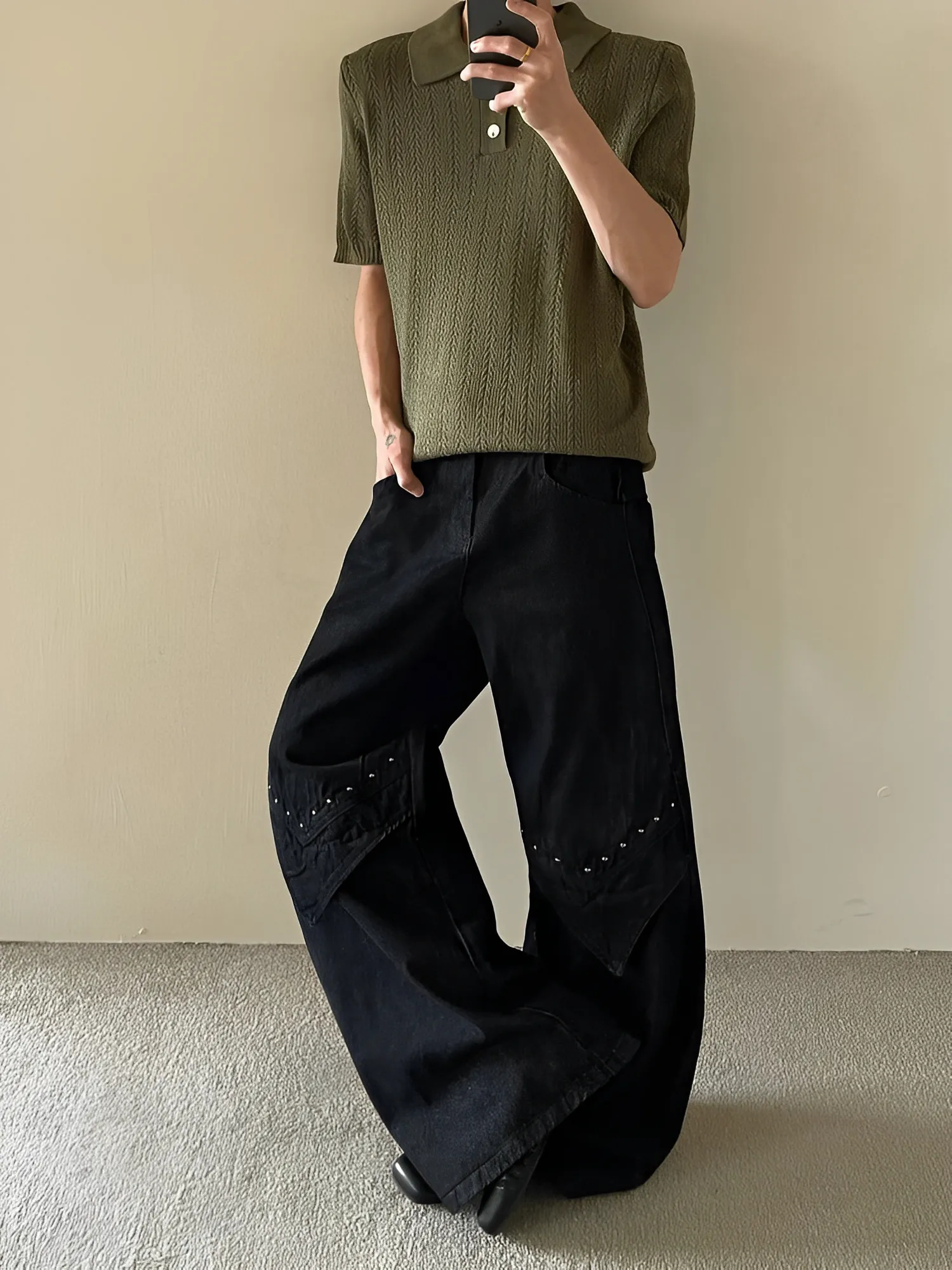 街頭 Vibe 復古 卯釘 解構 彎刀 牛仔 長褲