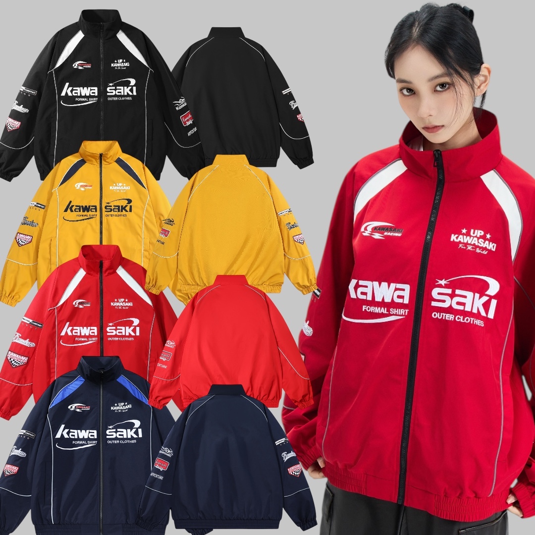 kawasaki 美式 復古 賽車風 撞色設計 刺繡 拉鍊夾克 風衣外套 四色