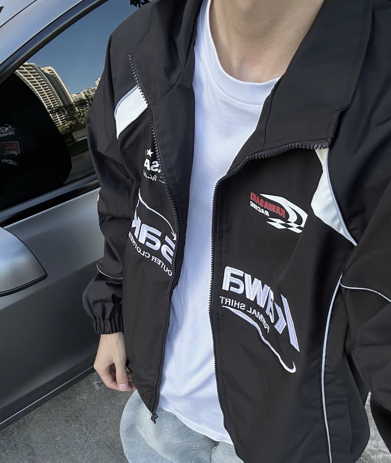 kawasaki 美式 復古 賽車風 撞色設計 刺繡 拉鍊夾克 風衣外套 四色