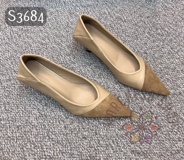 S3684 - 羊猄拼皮純色尖頭高踭鞋