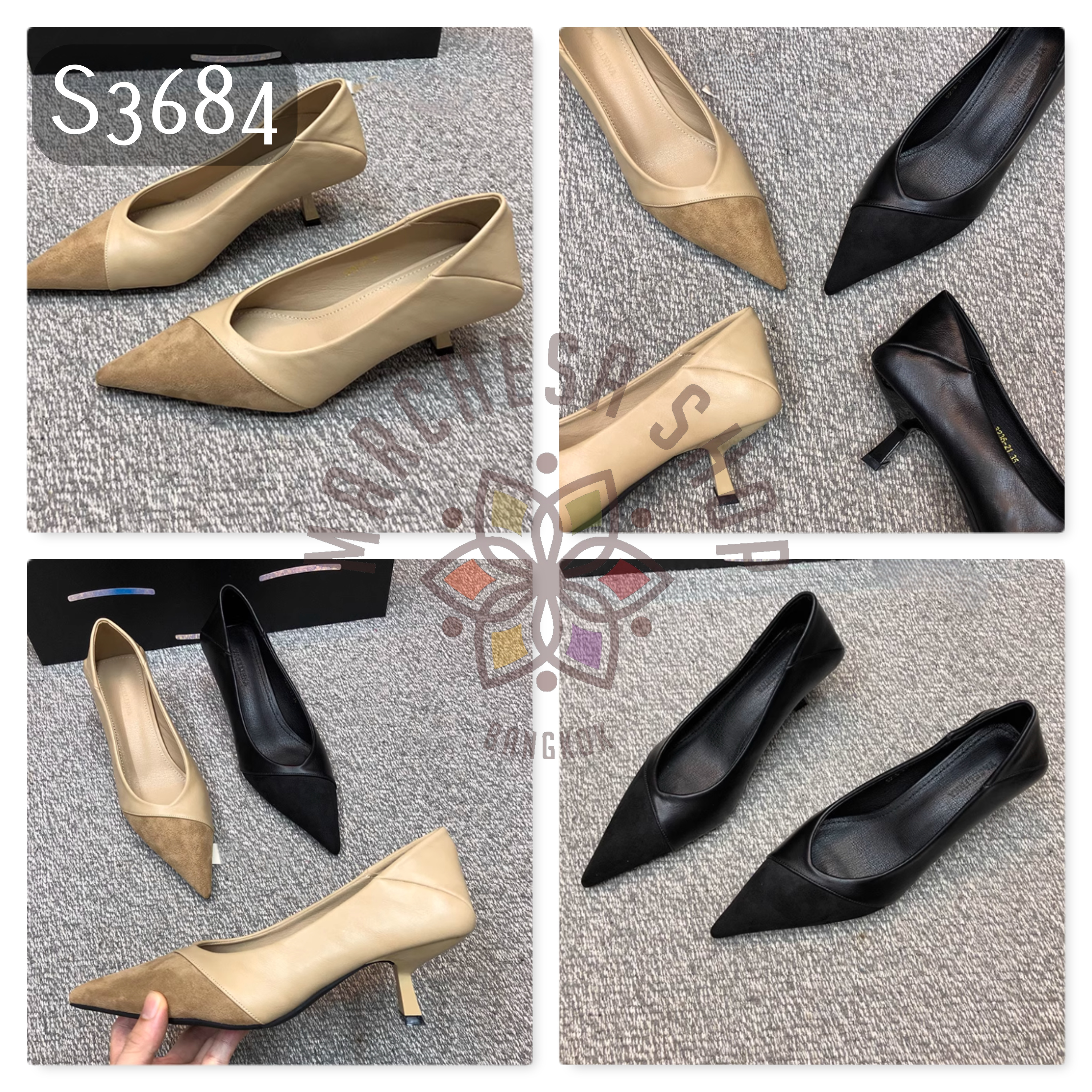 S3684 - 羊猄拼皮純色尖頭高踭鞋