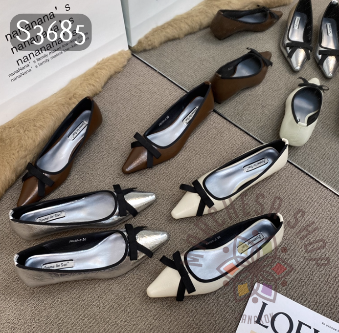 S3685 - 羊皮蝴蝶結圍邊尖頭低踭鞋