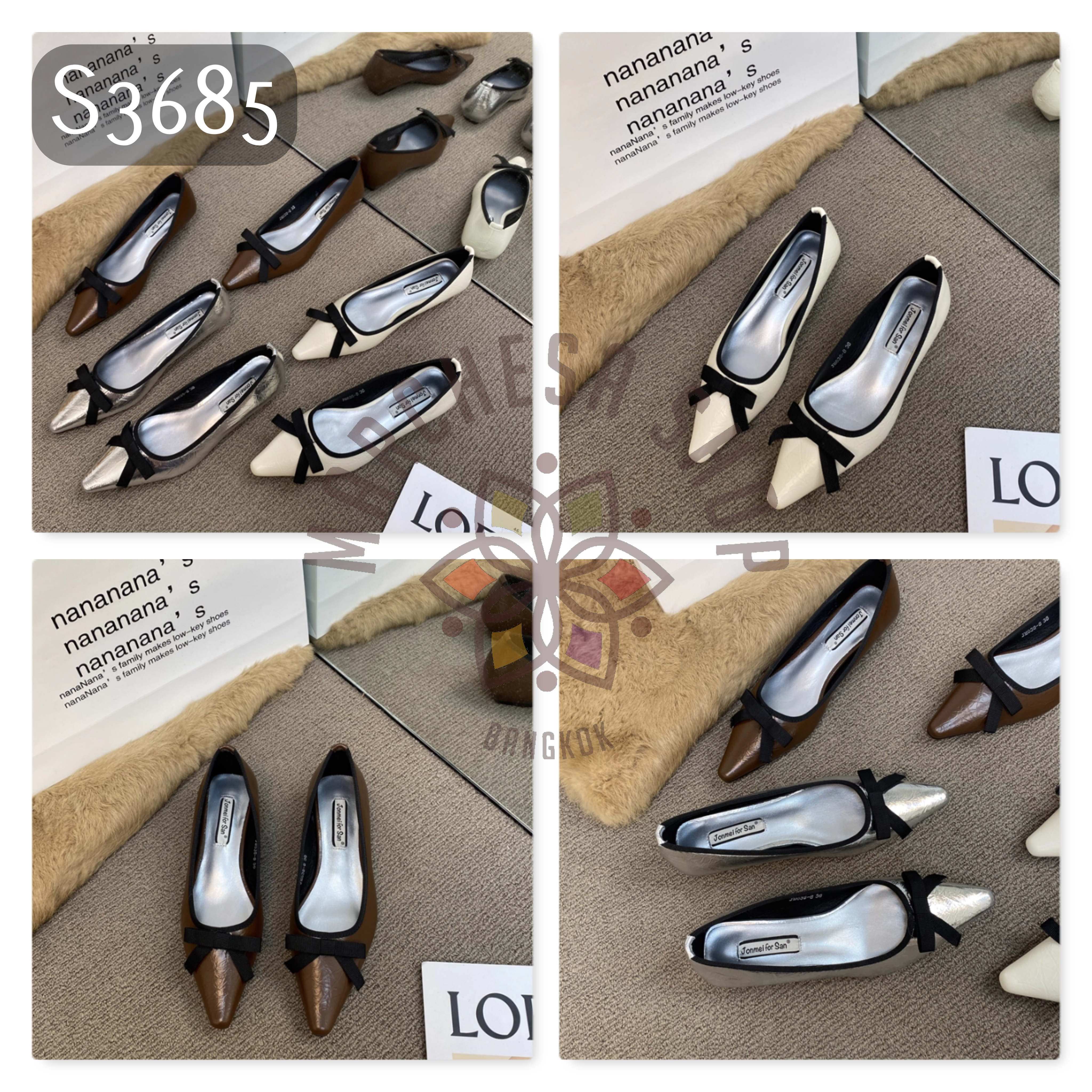 S3685 - 羊皮蝴蝶結圍邊尖頭低踭鞋