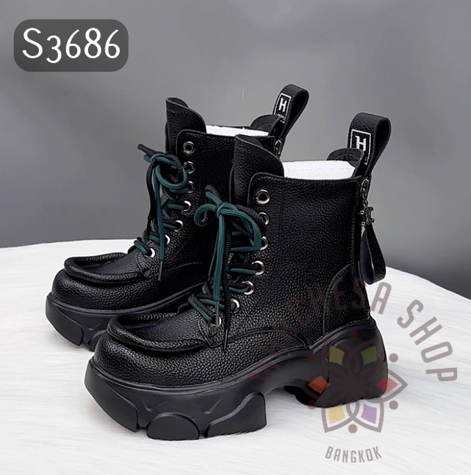 S3686 - 羊皮荔枝紋雙拉鏈方頭厚底馬丁靴