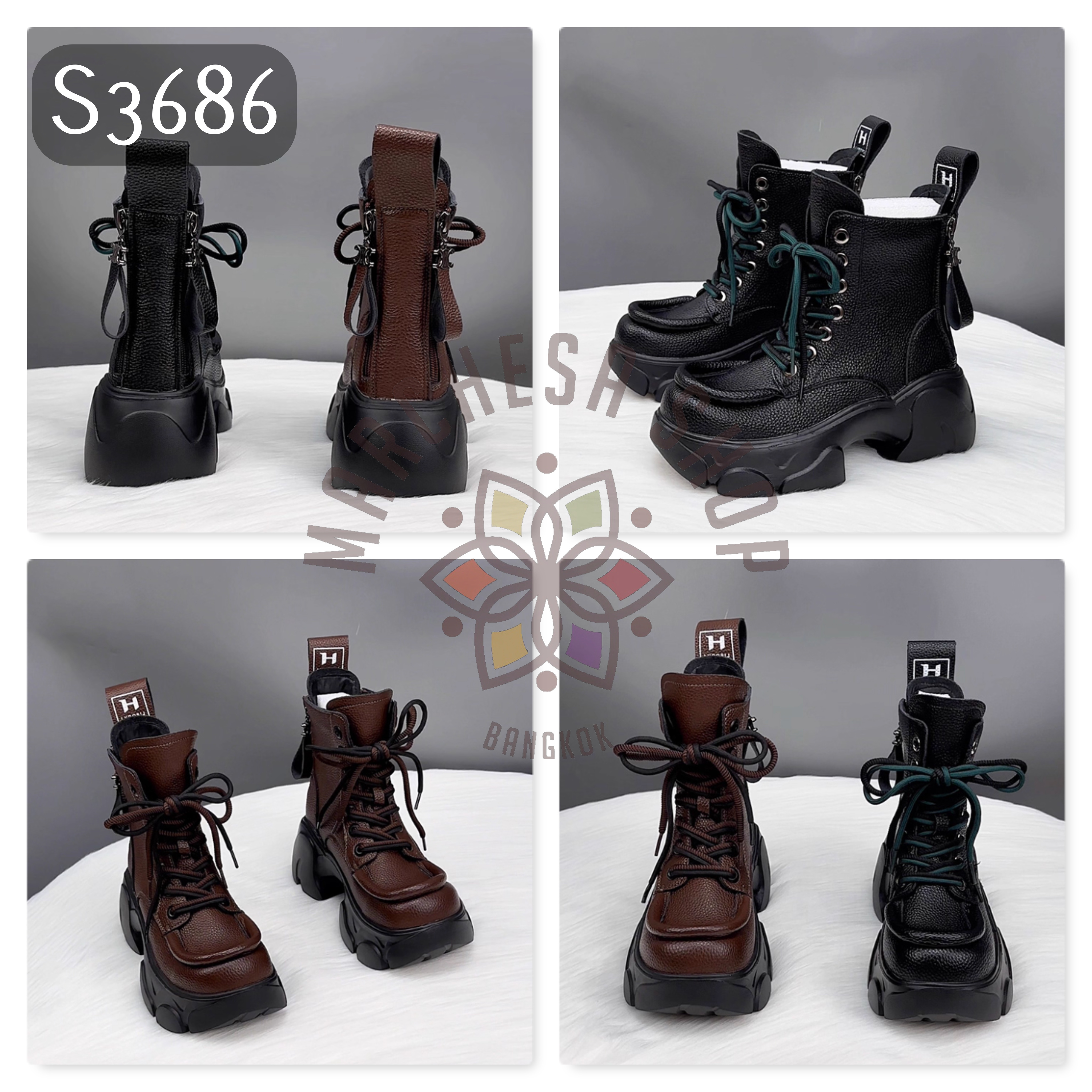 S3686 - 羊皮荔枝紋雙拉鏈方頭厚底馬丁靴