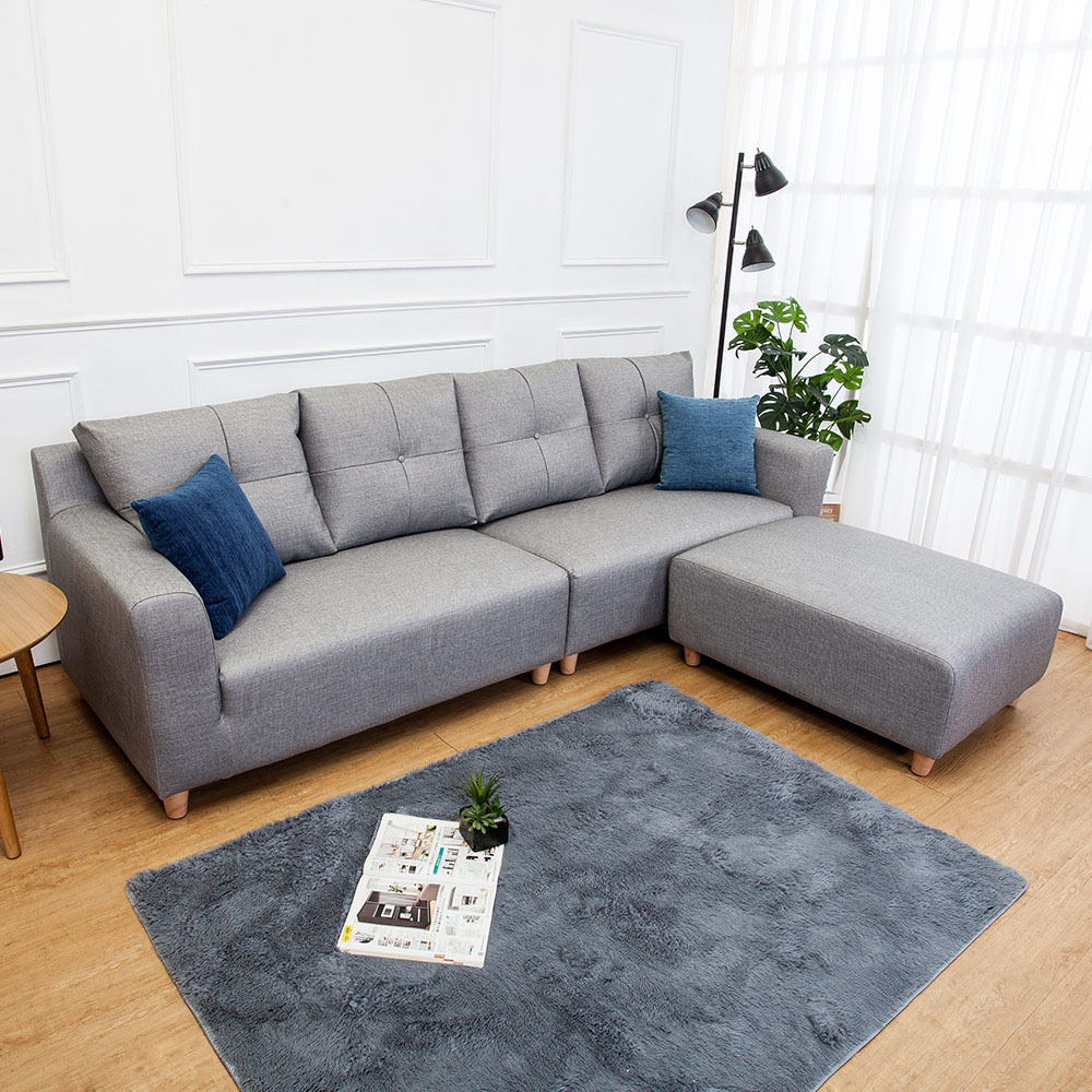 班森L型灰色貓抓布紋皮沙發(四人座+腳椅)(送抱枕)