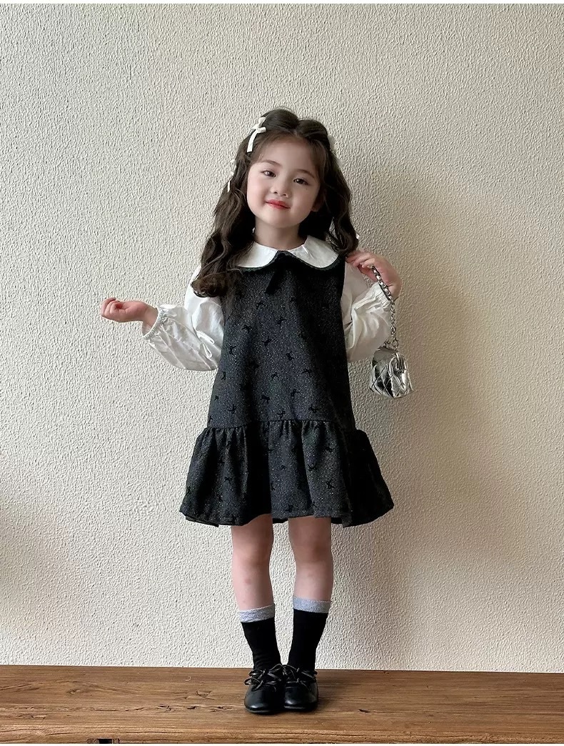 白色娃娃領上衣/灰色蝴蝶結洋裝