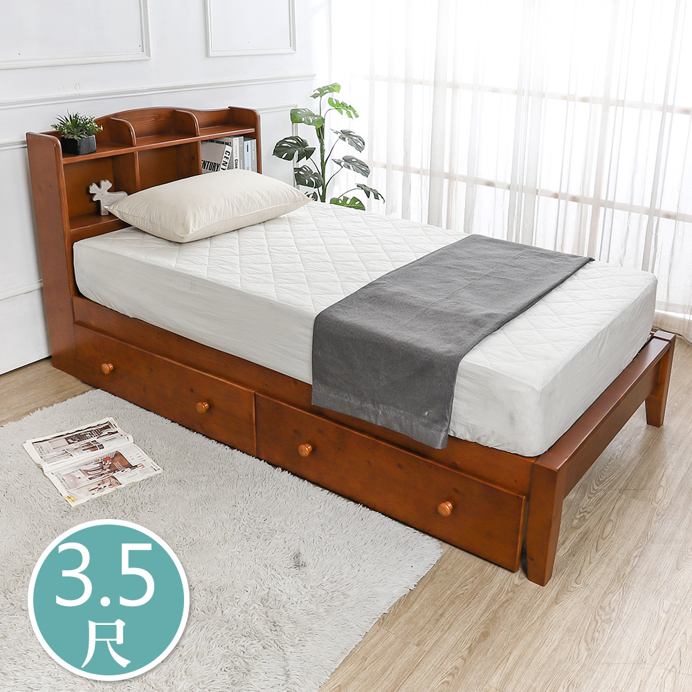 克查3.5尺實木書架單人床架-抽屜型