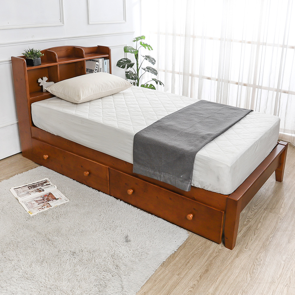 克查3.5尺實木書架單人床架-抽屜型