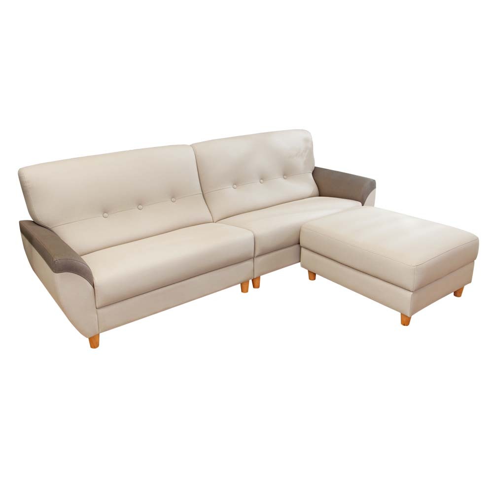 泰利 耐磨貓抓皮機能L型沙發(四人座+腳椅)(米色+灰棕扶手)