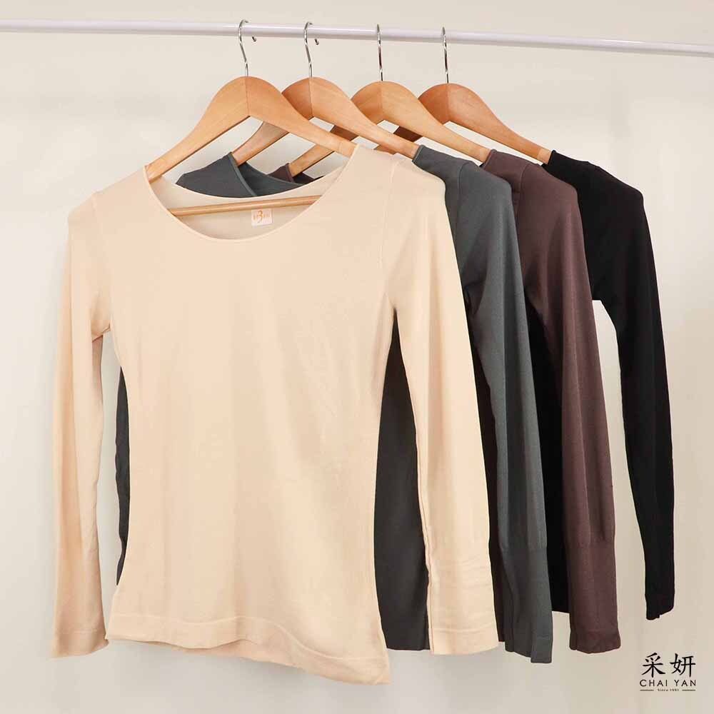 簡約素面素色緊身發熱圓領長袖上衣