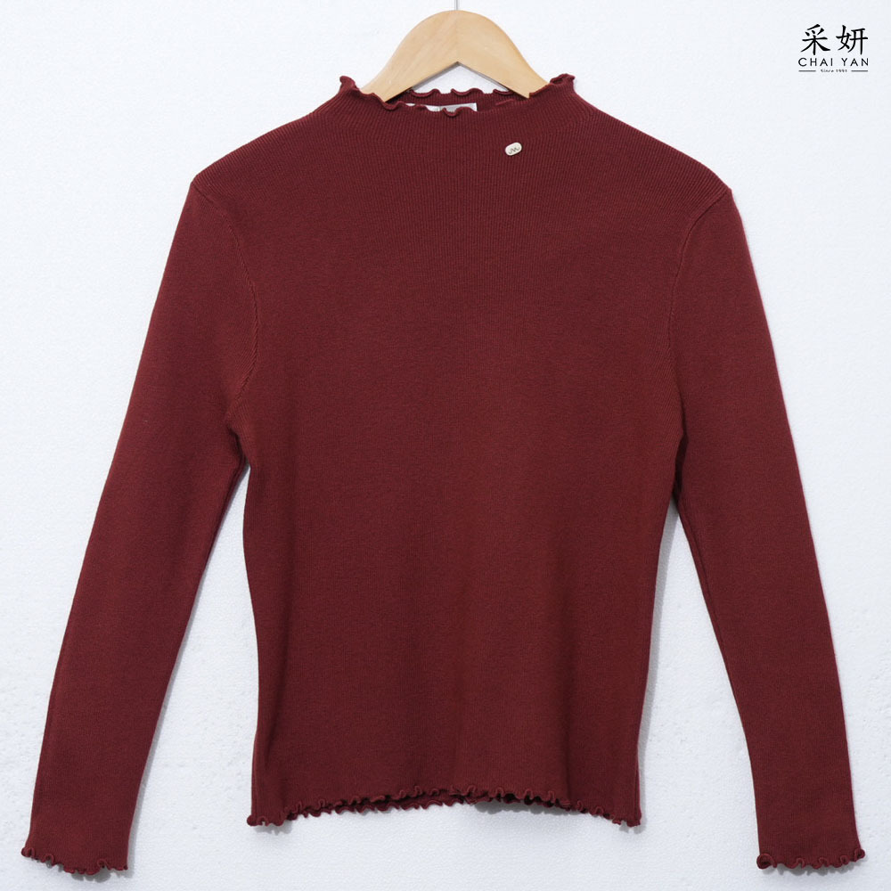 木耳邊綴飾素面針織中領長袖上衣