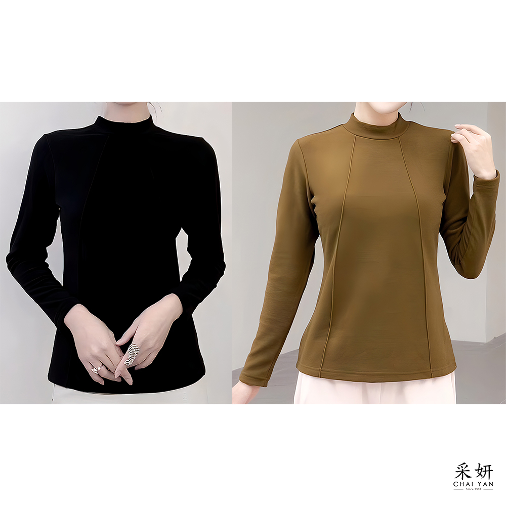 素面厚刷毛發熱中領長袖上衣